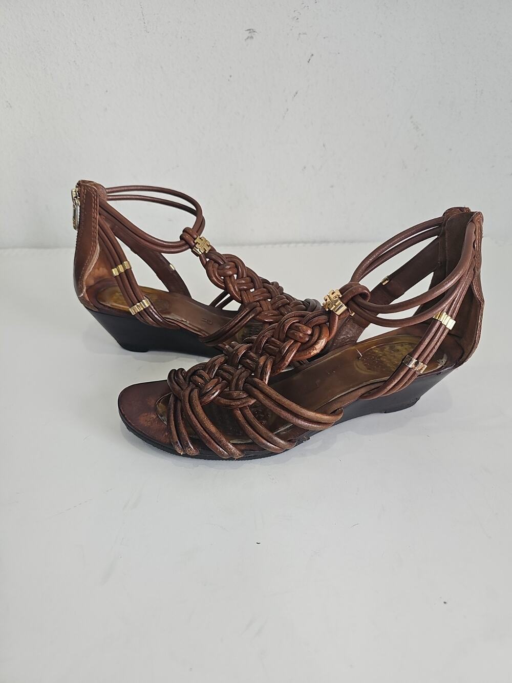 Tory Burch Black Braided Leather Wedge Sandal Gold Emblem Zip Up Back 8.5 M
